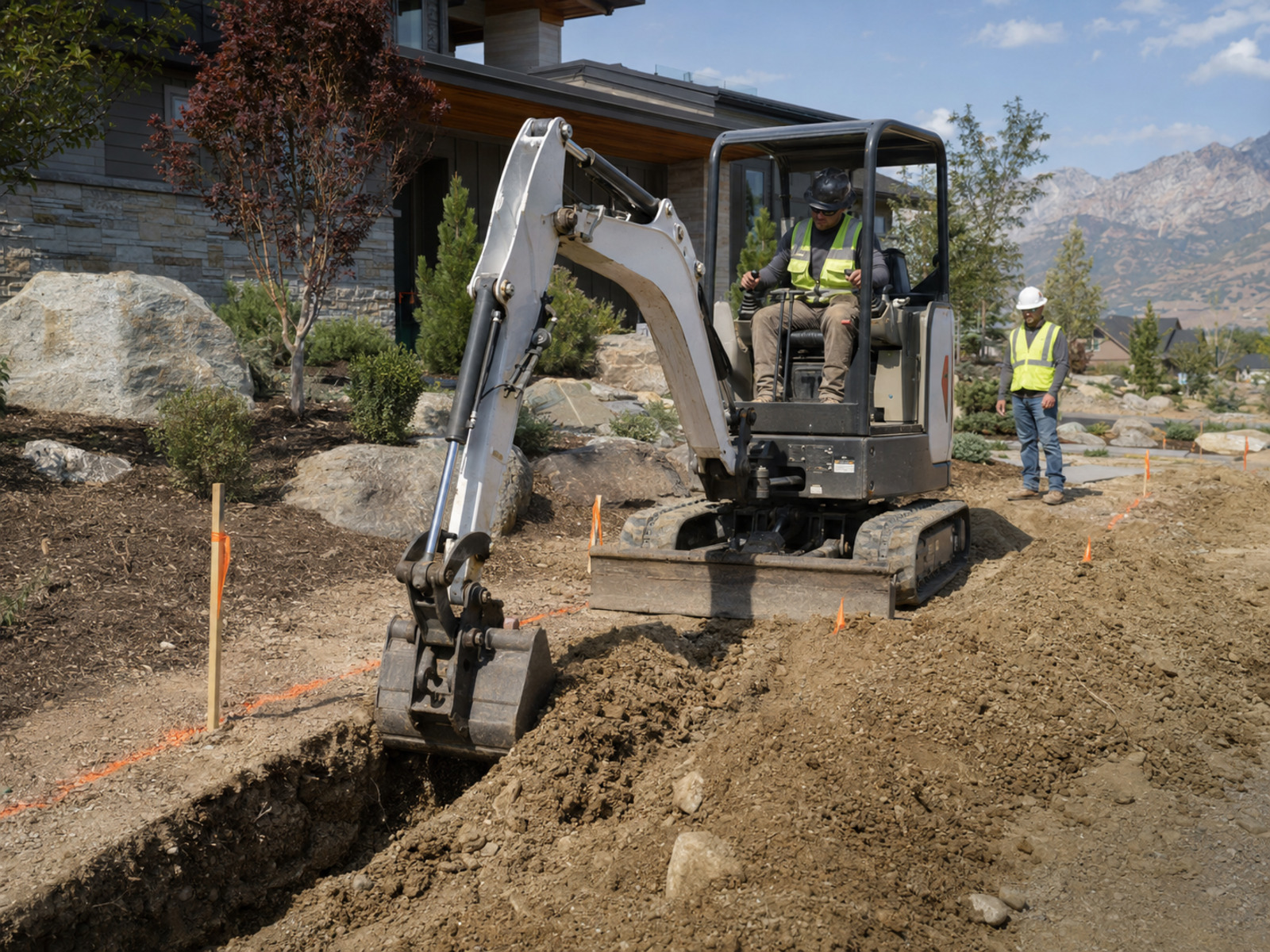 Compact excavator preparing terrain in front of a Utah home.