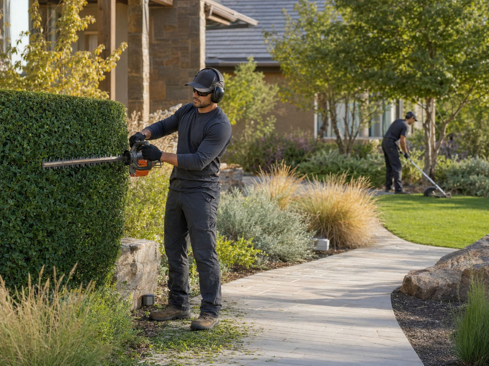 Landscape maintenance crew trimming hedges along a residential walkway.