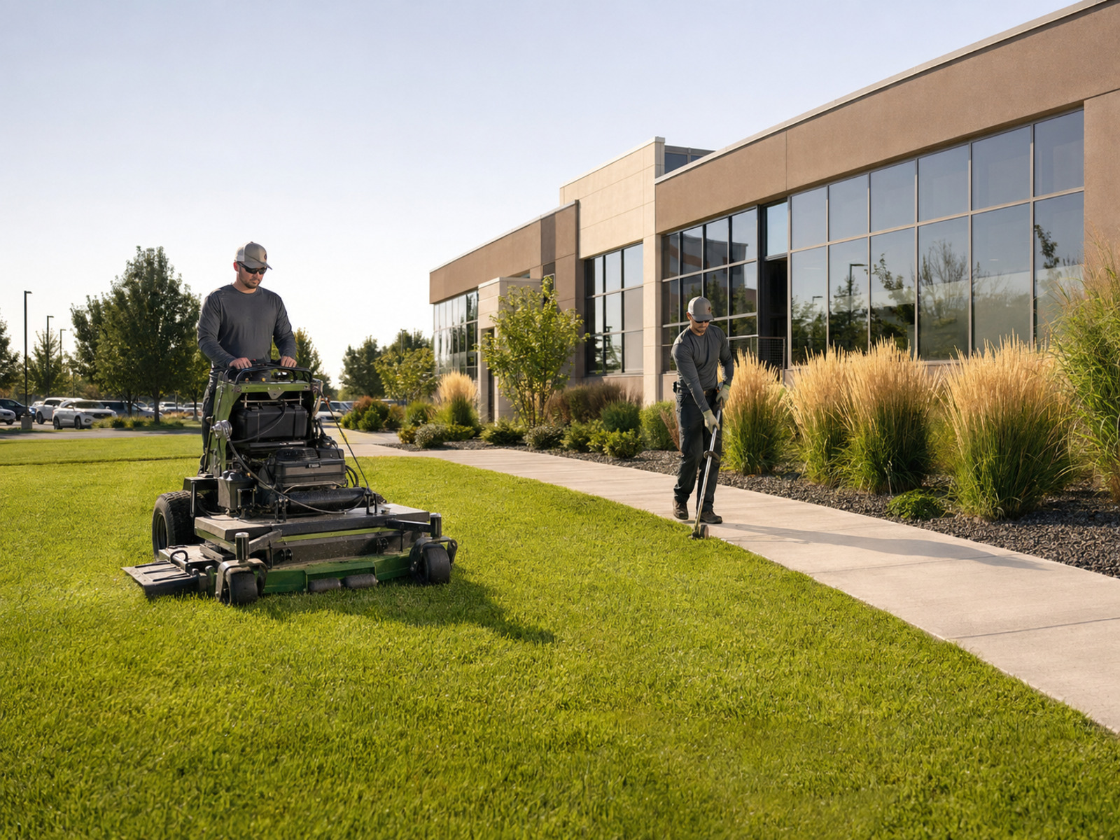 Commercial lawn crew mowing and edging in front of an office building.